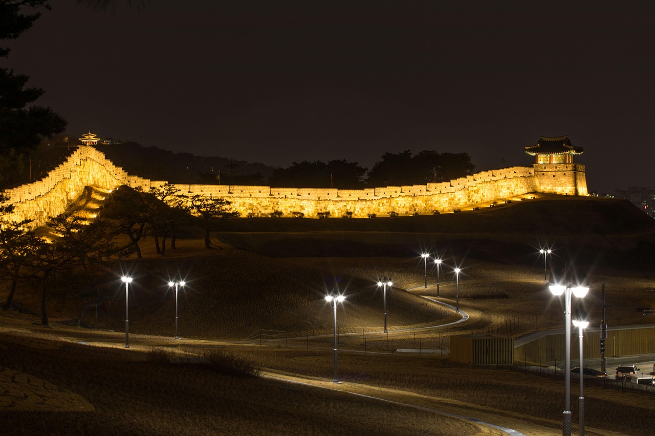 suwon hwaseong fortress, night view, castle, unesco, the northeast day, standing up, night sky, korea, suwon-whaseong fortress